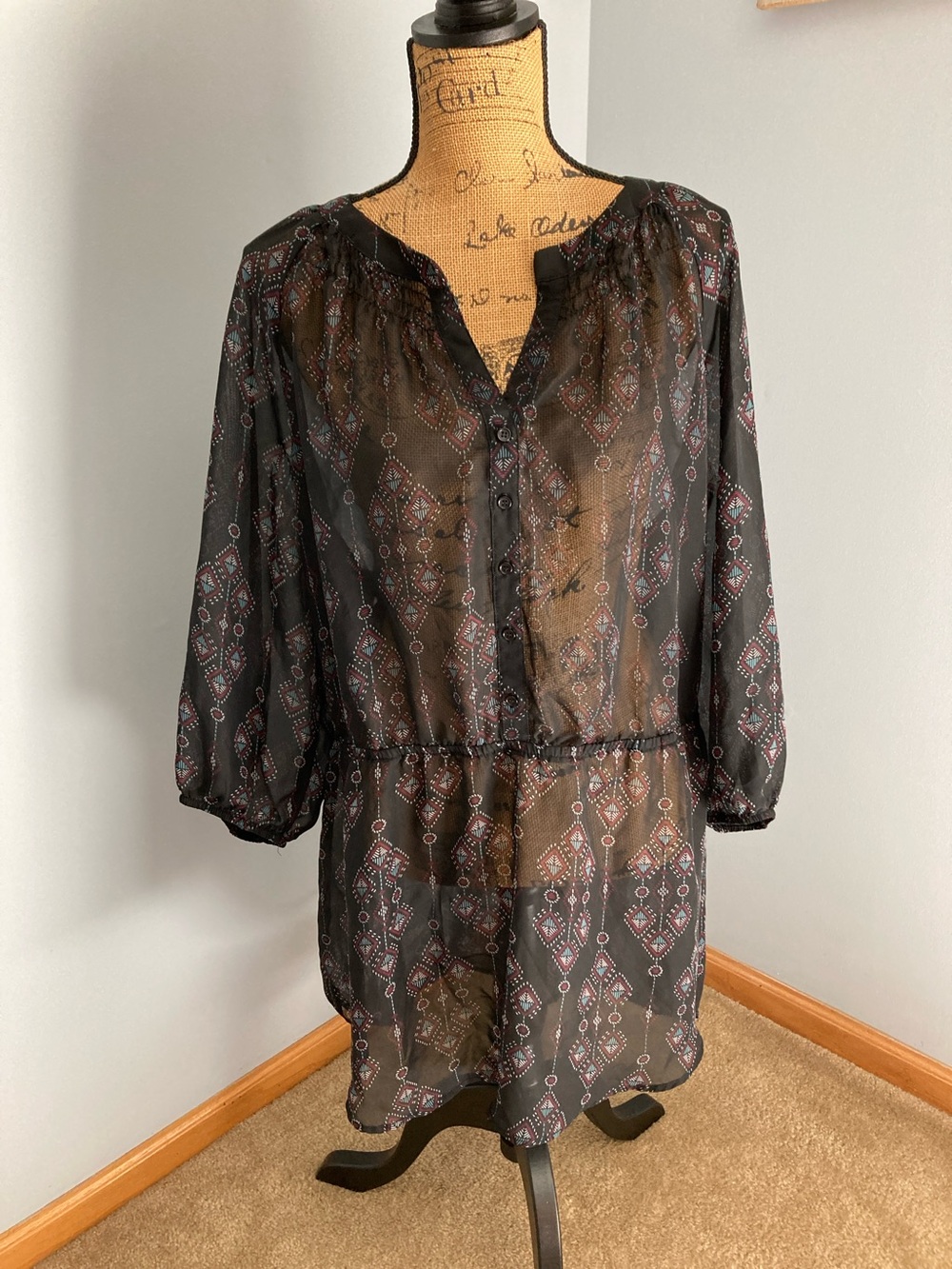 Maurices Black Sheer Tunic/Mini Dress with Aztec Geometric Print  Women Size 3X